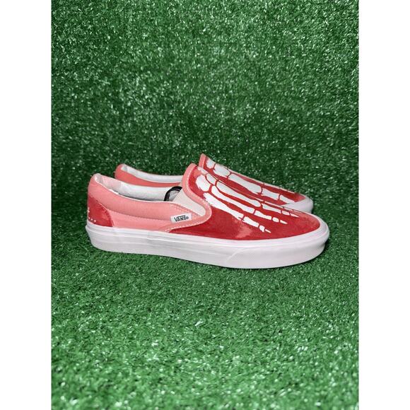 Vans Slip On Womens Size 9 Custom Art Red Skeleton Pattern Skateboarding Shoes - Picture 1 of 9